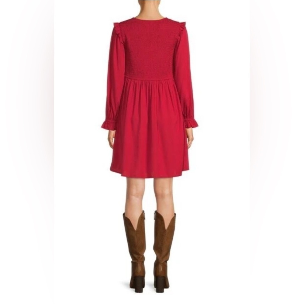 Beach Lunch Lounge Long Sleeve Smocked Babydoll Red A-line Dress V-neck Boho XXL - Picture 4 of 10